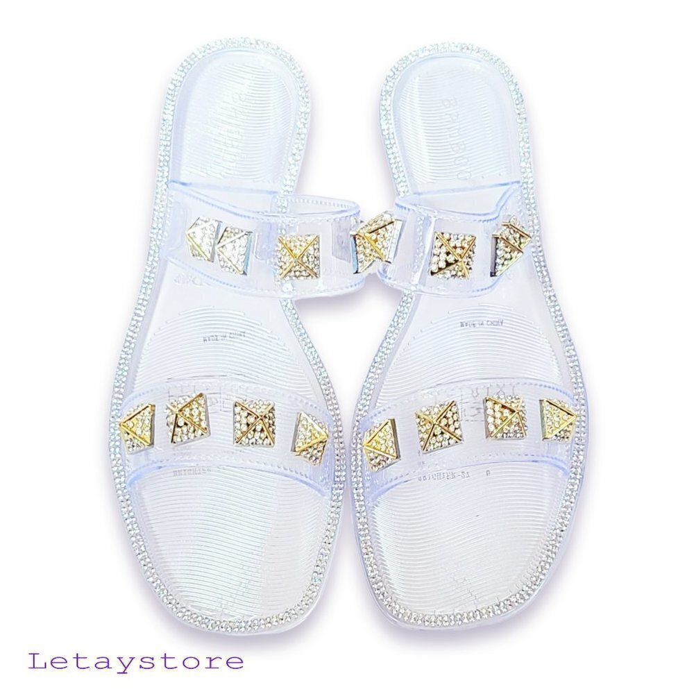NWT Bamboo Rhinestone Stud Embellished Jelly Flat Slides Sandals
